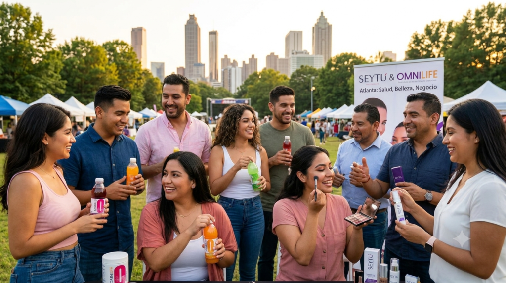 Grupo de personas compartiendo productos de Omnilife y Seytú Cosmética en un evento al aire libre en Atlanta